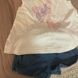 White Butterfly Tank Top and Blue Shorts Set